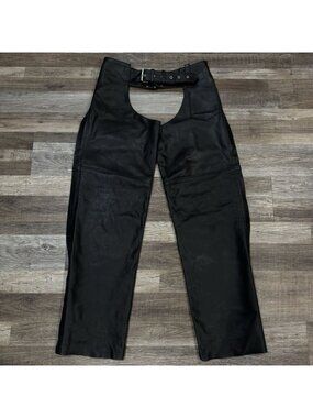 Genuine Leather Black Motorcycle Chaps Size Large Adjustable Waist Zippered Legs